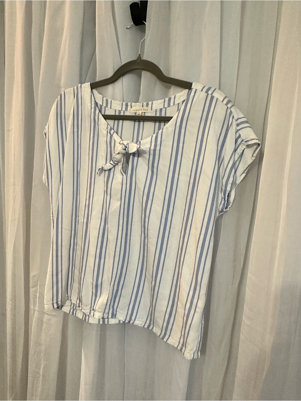 Classic Blue Stripe Women's Short Sleeve Top with front tie.